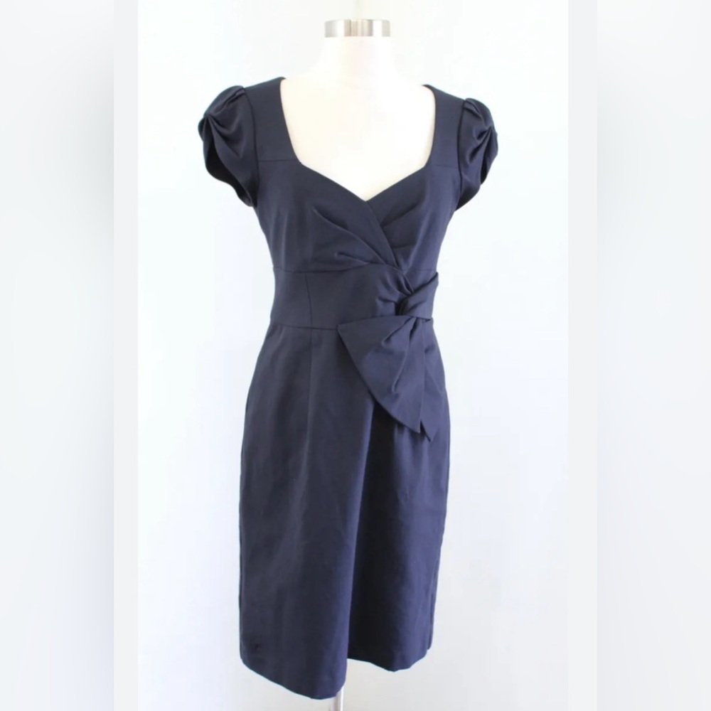 Nanette Lepore Solid Navy Blue Gathered Ruched Sheath Dress Cap Sleeve S…